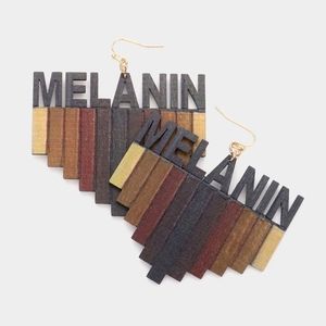 Wood Brown "MELANIN" Dangle Earrings Geometric Worded Message Statement Jewelry